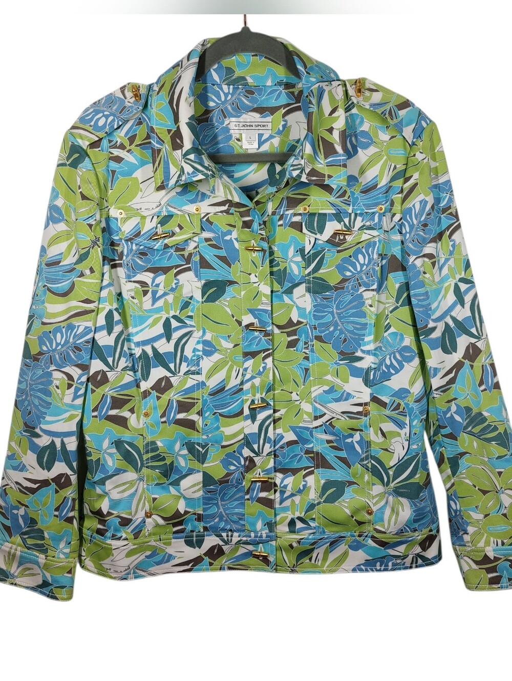 St John Sport Green Leaf Print Jacket Size L Metal Bamboo Buttons Stretch Resort